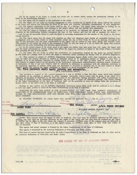 Three Stooges AFTRA Contract Signed by Moe Howard, Larry Fine & Joe DeRita From January 1959 With William Morris Agency -- Plus Initialed Rider -- 5pp. on Three 8.5'' x 11'' Sheets -- Very Good
